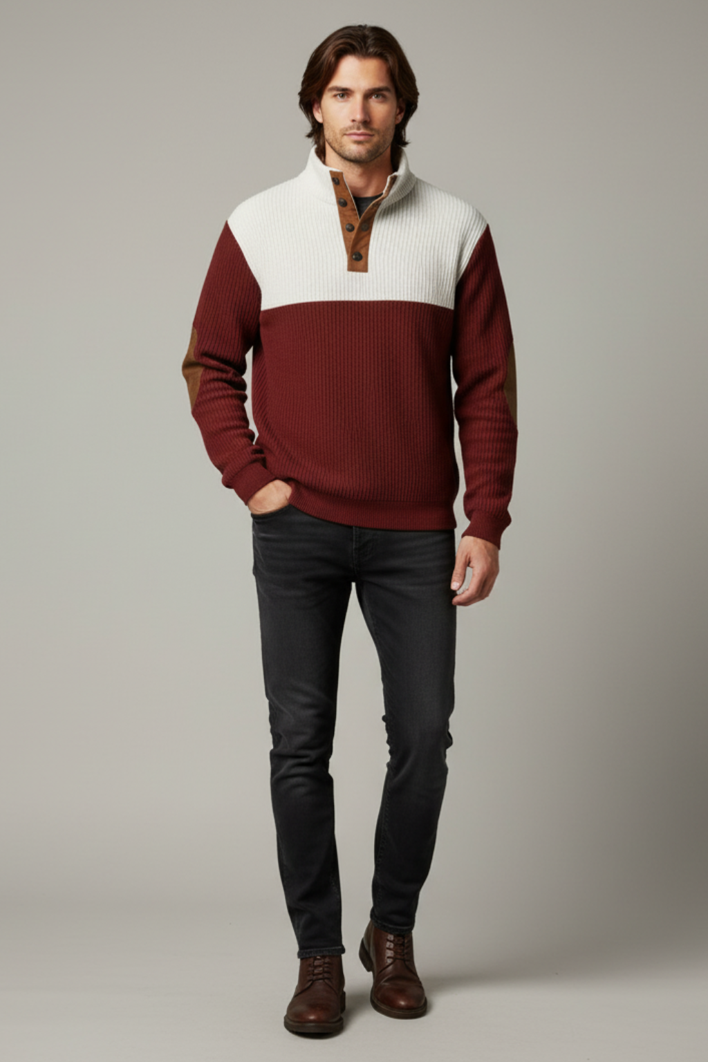 Mens Ribbed Pullover Sweater Quarter-Button Elbow Patch