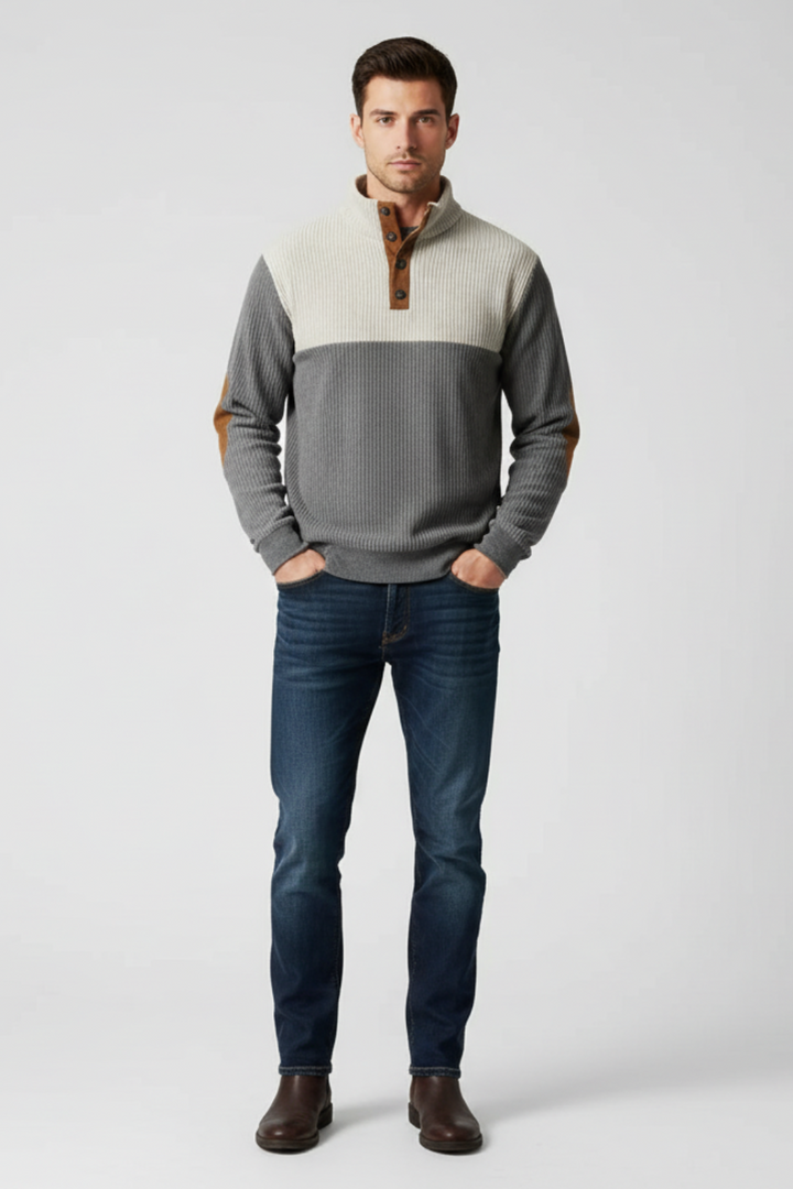 Mens Ribbed Pullover Sweater Quarter-Button Elbow Patch