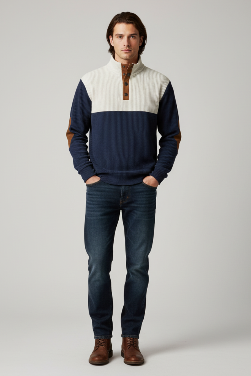 Mens Ribbed Pullover Sweater Quarter-Button Elbow Patch