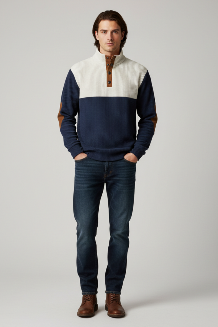 Mens Ribbed Pullover Sweater Quarter-Button Elbow Patch
