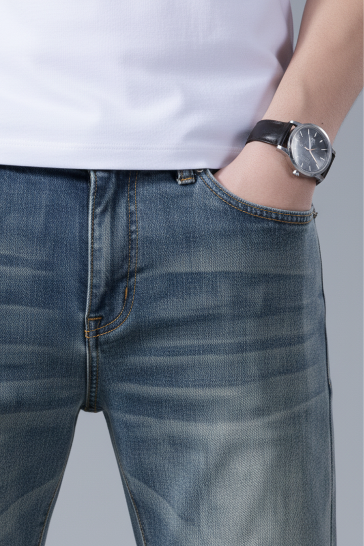 Mens Denim Pants Slim Straight Fit Vintage Style