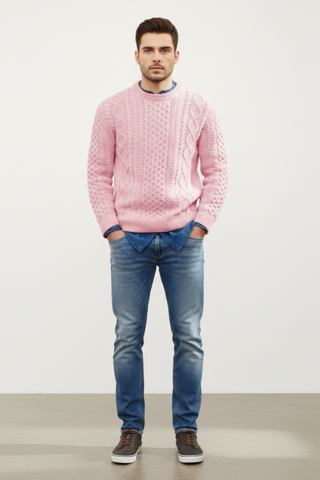 Mens Cable Knit Wool Blend Jumper Slim Fit - BritishMode