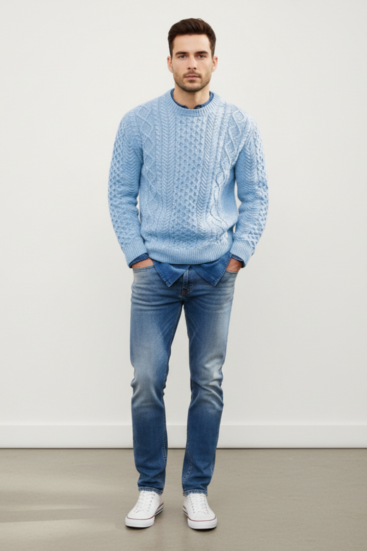 Mens Cable Knit Wool Blend Jumper Slim Fit