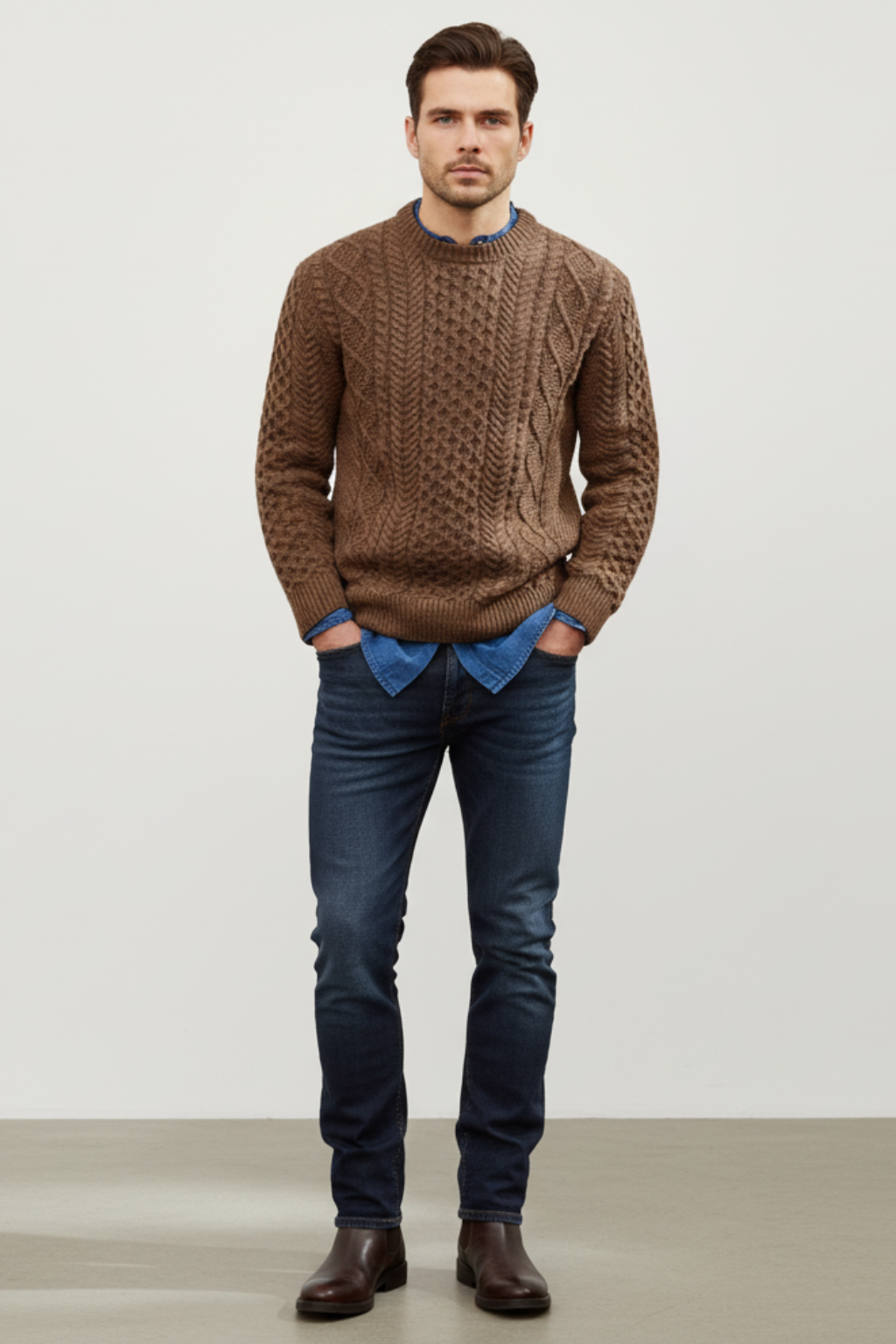 Mens Cable Knit Wool Blend Jumper Slim Fit