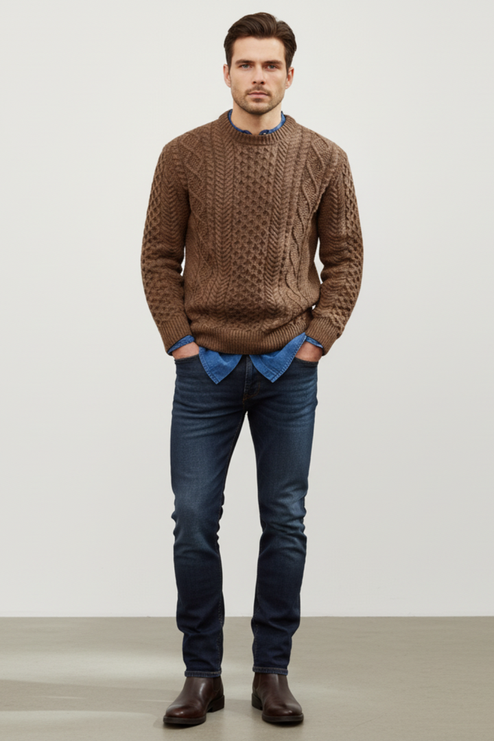 Mens Cable Knit Wool Blend Jumper Slim Fit