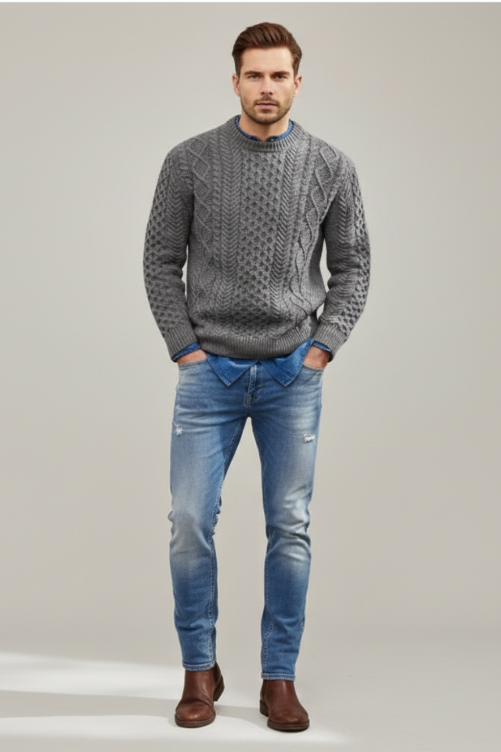 Mens Cable Knit Wool Blend Jumper Slim Fit