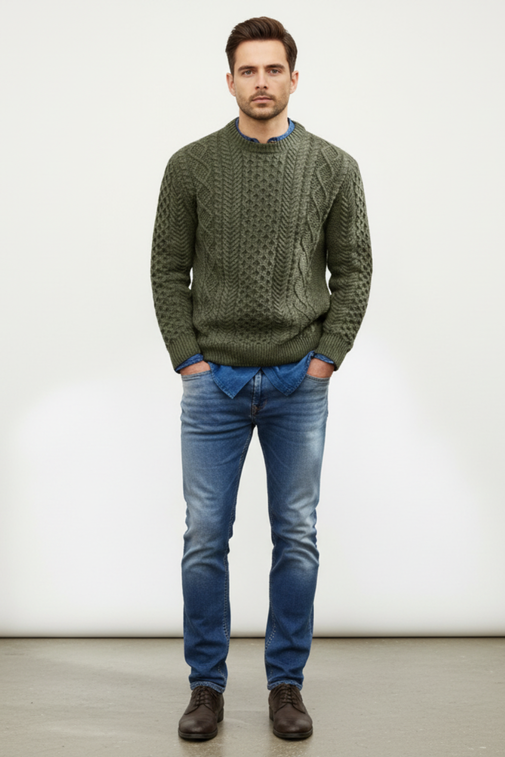 Mens Cable Knit Wool Blend Jumper Slim Fit