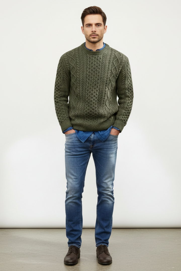 Mens Cable Knit Wool Blend Jumper Slim Fit
