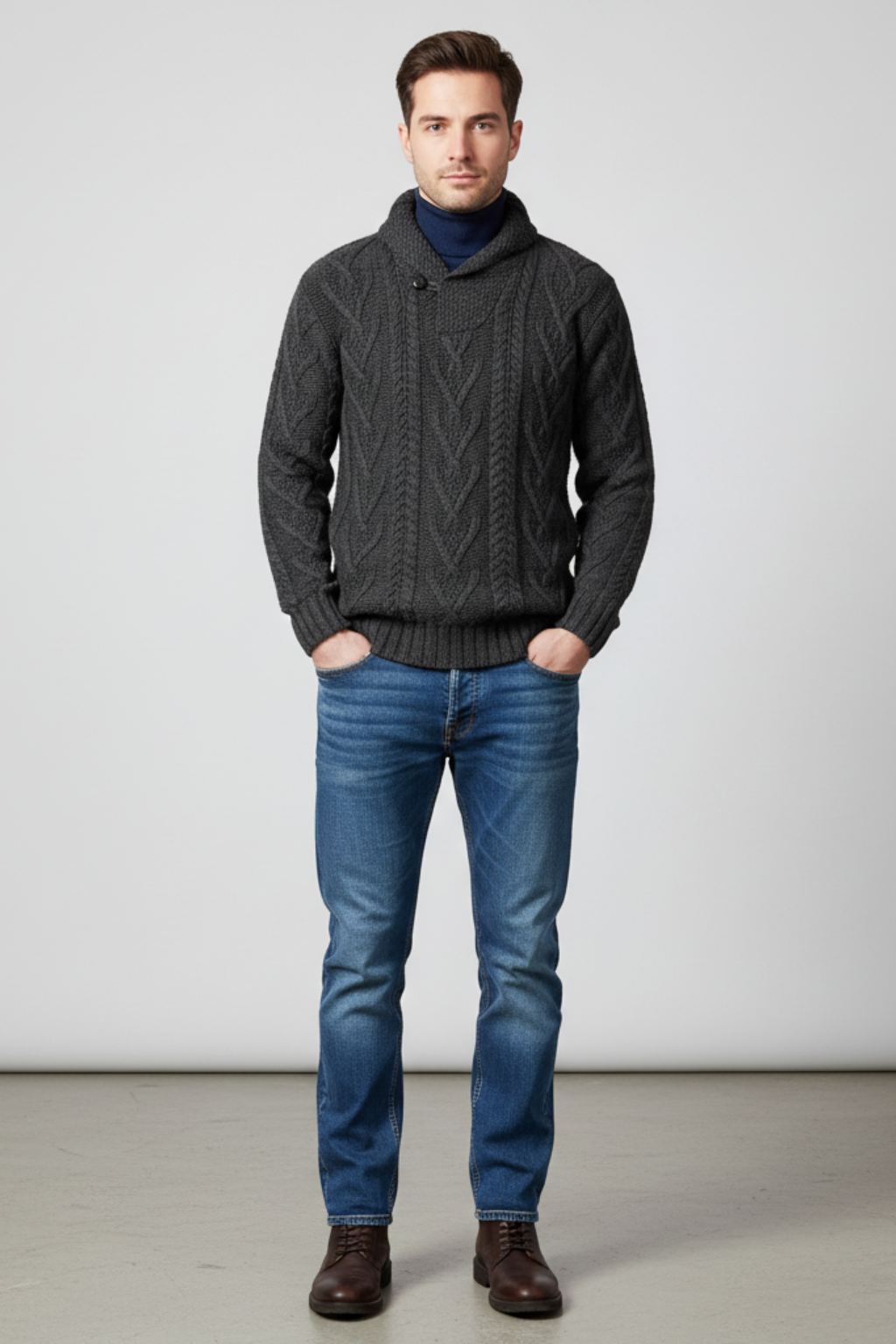 Mens Cable Knit Sweater Wool Blend Regular Fit