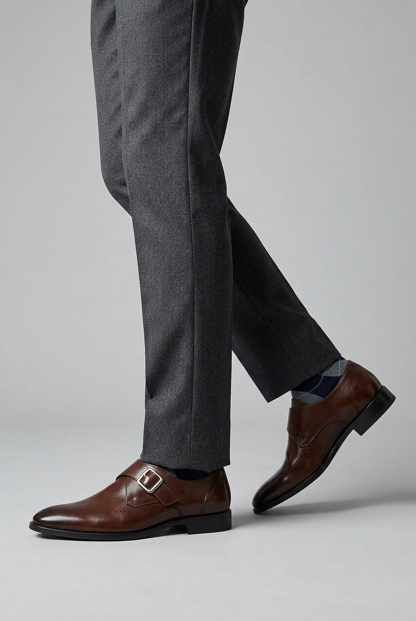 Mens Brogue Shoes Leather Monk Strap Cushioned Insole