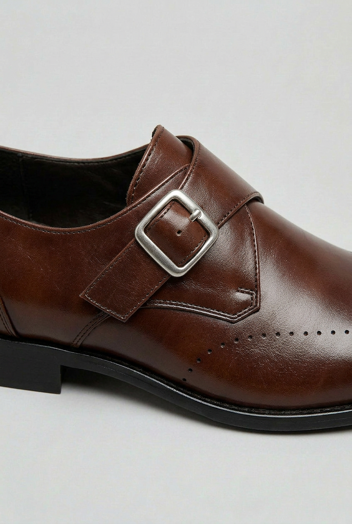 Mens Brogue Shoes Leather Monk Strap Cushioned Insole