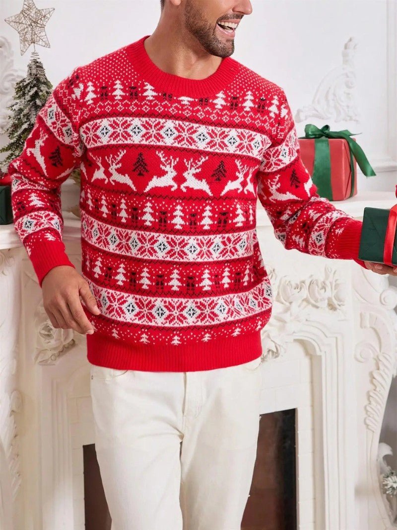 Mens Knit Sweater Reindeer Pattern Crewneck