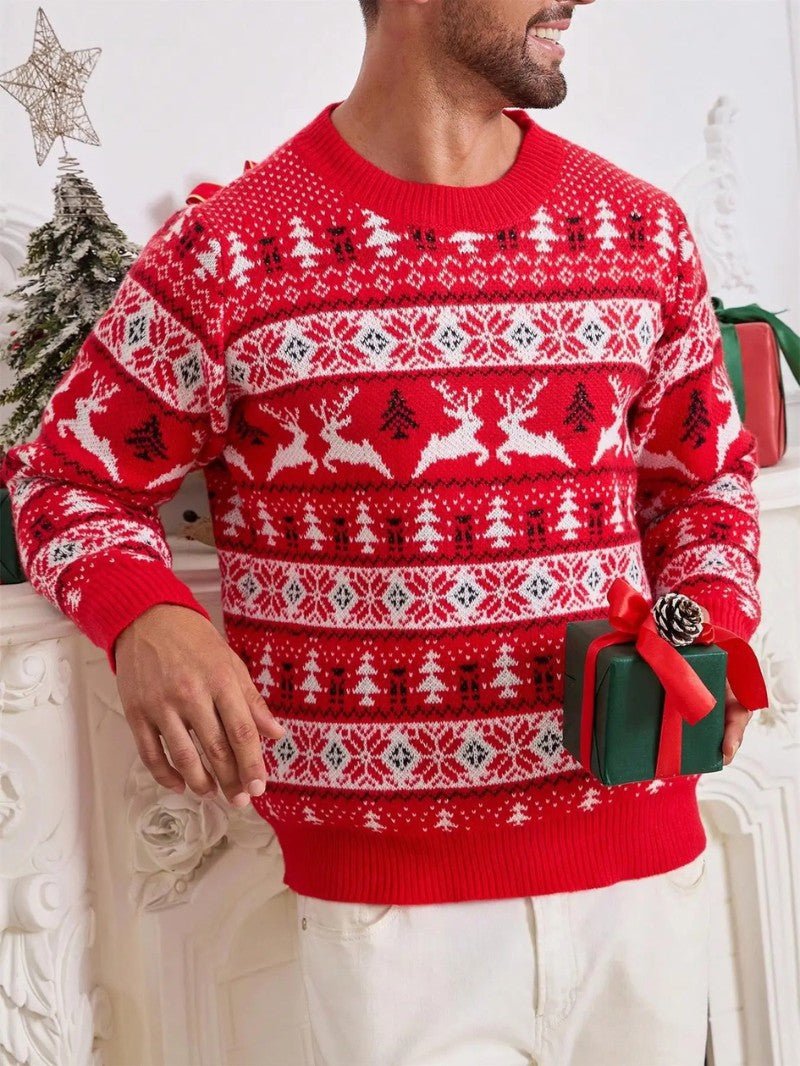 Mens Knit Sweater Reindeer Pattern Crewneck