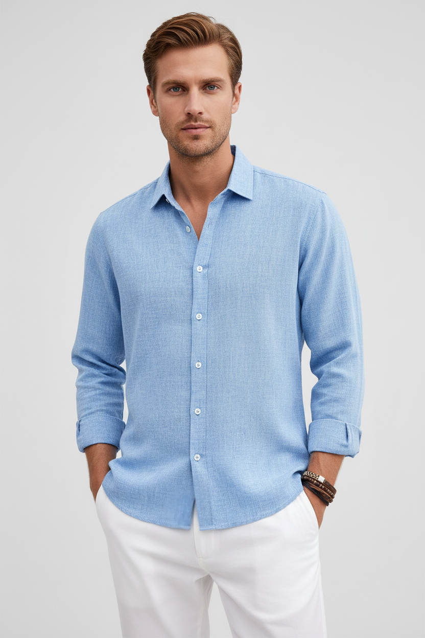 Mens Shirt Linen Look Long Sleeve - BritishMode