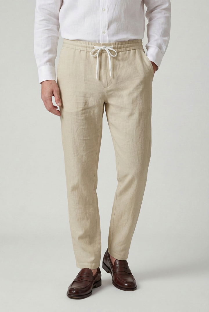 Mens Linen Look Trousers with Drawstring Waist