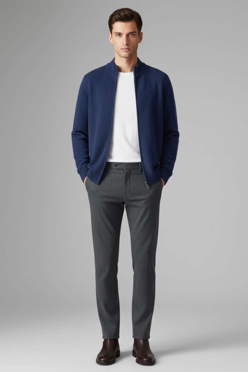 Mens Cardigan Zipper Mock Neck Long Sleeve - BritishMode