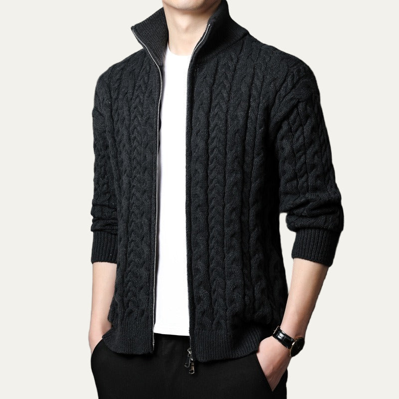 Mens Cable Knit Sweater Jacket Heavyweight Zip Front