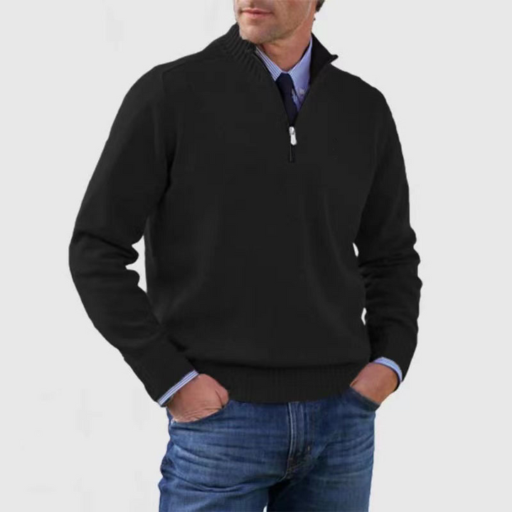 Mens Knit Sweater with Quarter Zip and Stand Collar