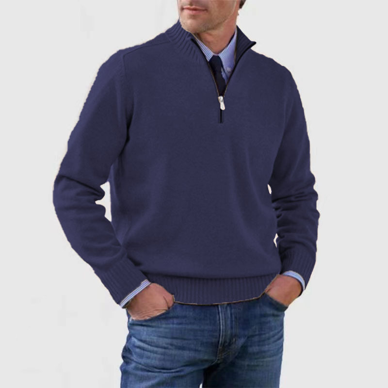 Mens Knit Sweater with Quarter Zip and Stand Collar