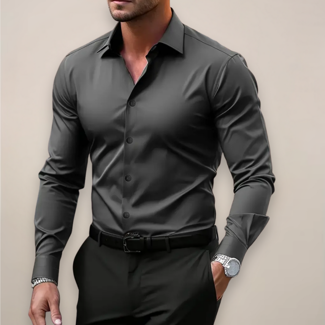 Mens Long-Sleeve Shirt Cotton Notched Collar Classic Fit - BritishMode