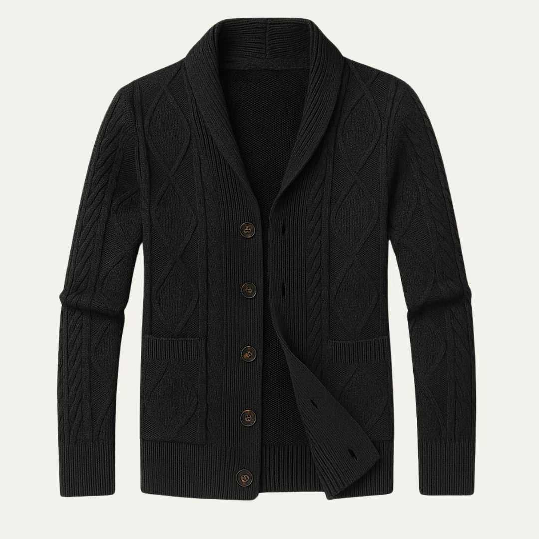 Mens Aran Knit Cardigan Shawl Collar