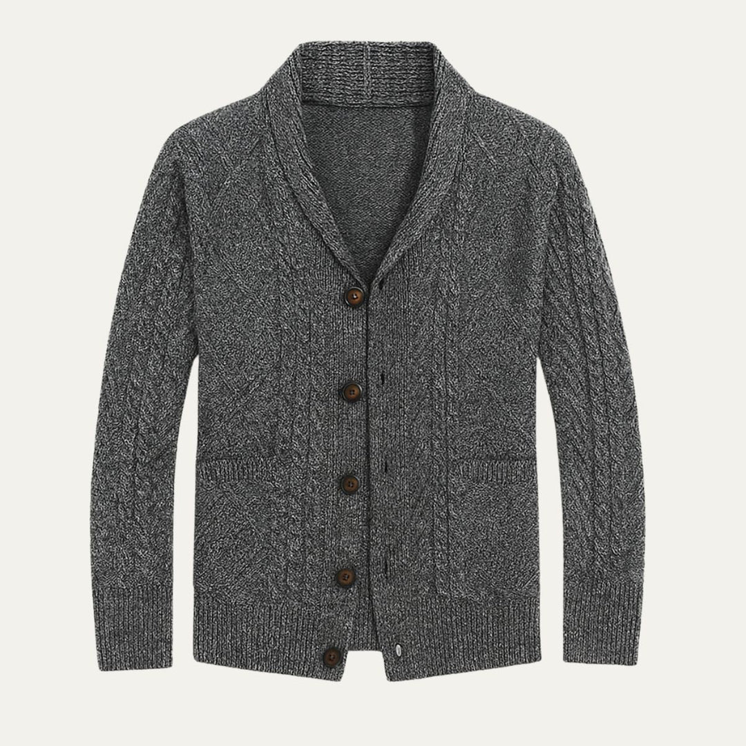 Mens Aran Knit Cardigan Shawl Collar