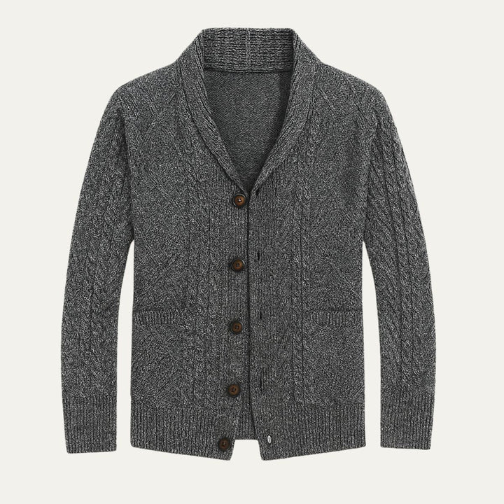 Mens Aran Knit Cardigan Shawl Collar