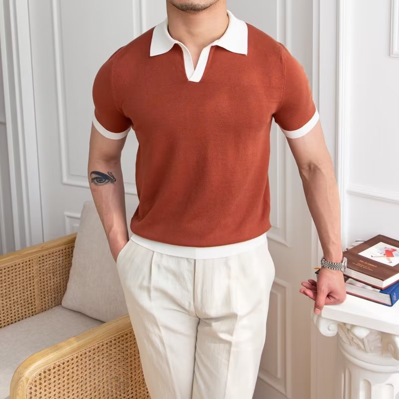 Mens Knitted Polo Shirt Short Sleeve Regular Fit Ribbed Cuffs