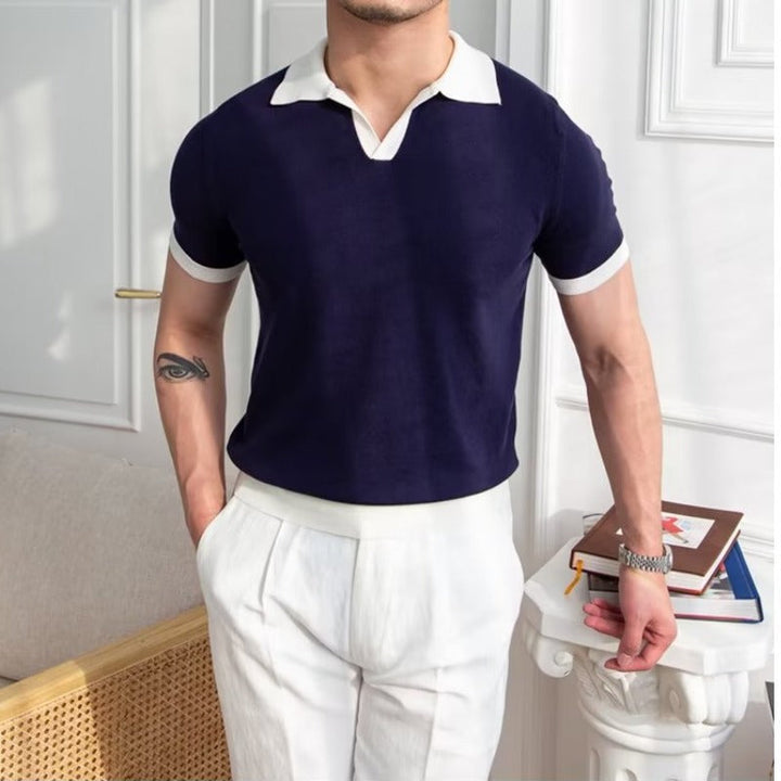 Mens Knitted Polo Shirt Short Sleeve Regular Fit Ribbed Cuffs - BritishMode