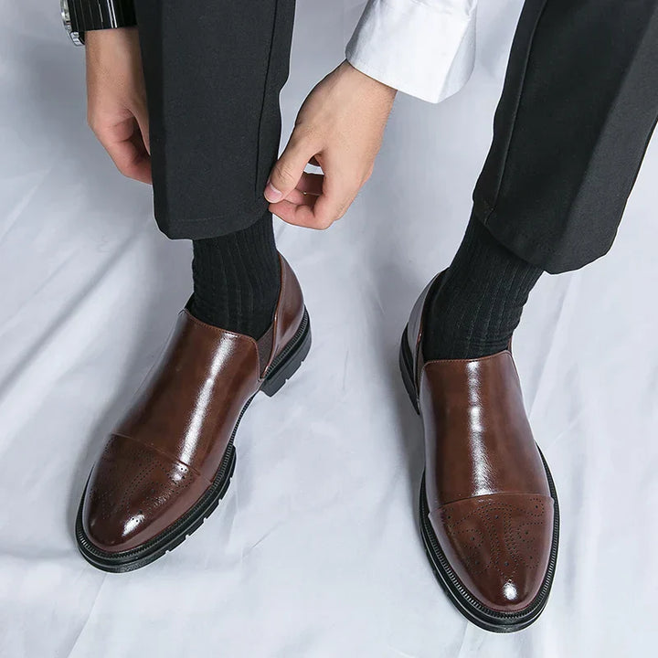 Mens Slip-On Leather Shoes Casual Comfort Elastic Panels