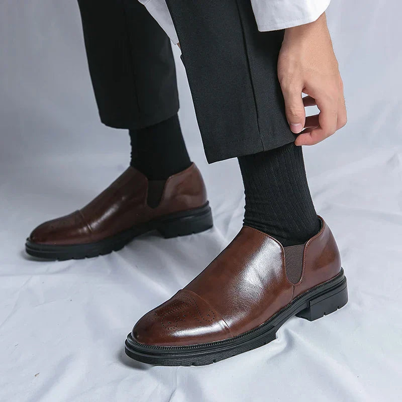 Mens Slip-On Leather Shoes Casual Comfort Elastic Panels