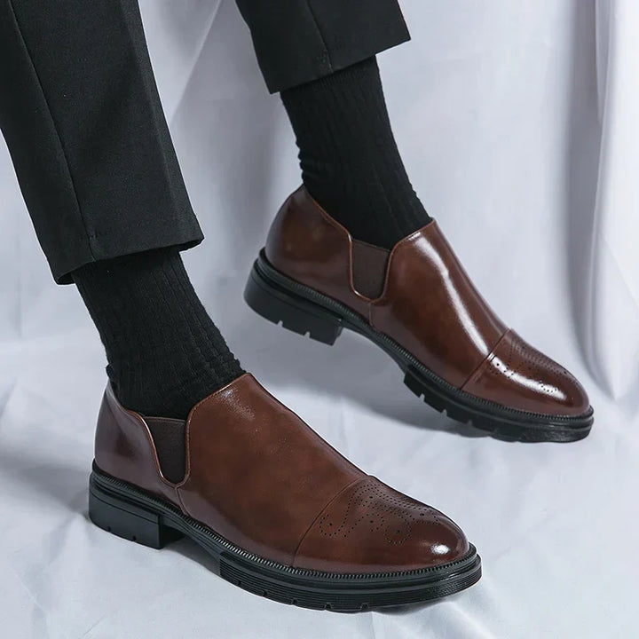 Mens Slip-On Leather Shoes Casual Comfort Elastic Panels