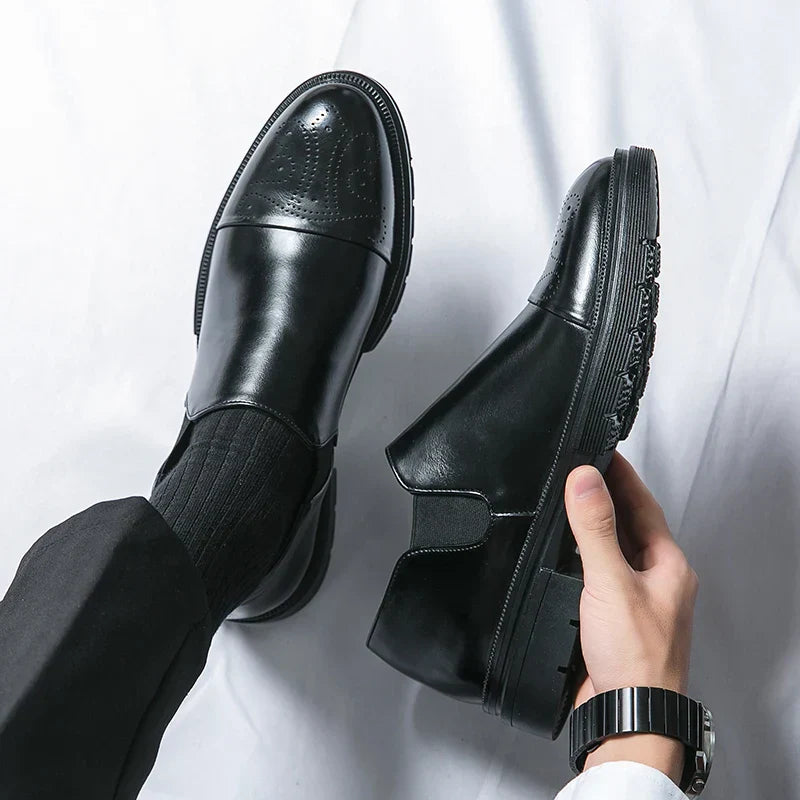 Mens Slip-On Leather Shoes Casual Comfort Elastic Panels