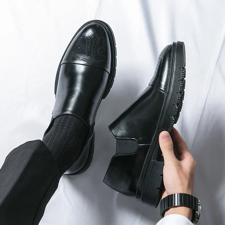 Mens Slip-On Leather Shoes Casual Comfort Elastic Panels