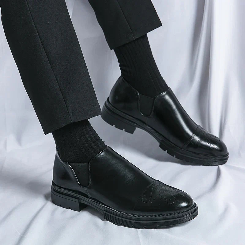 Mens Slip-On Leather Shoes Casual Comfort Elastic Panels