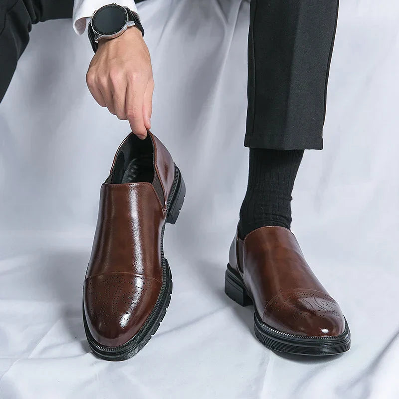 Mens Slip-On Leather Shoes Casual Comfort Elastic Panels