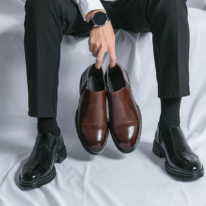 Mens Slip-On Leather Shoes Casual Comfort Elastic Panels