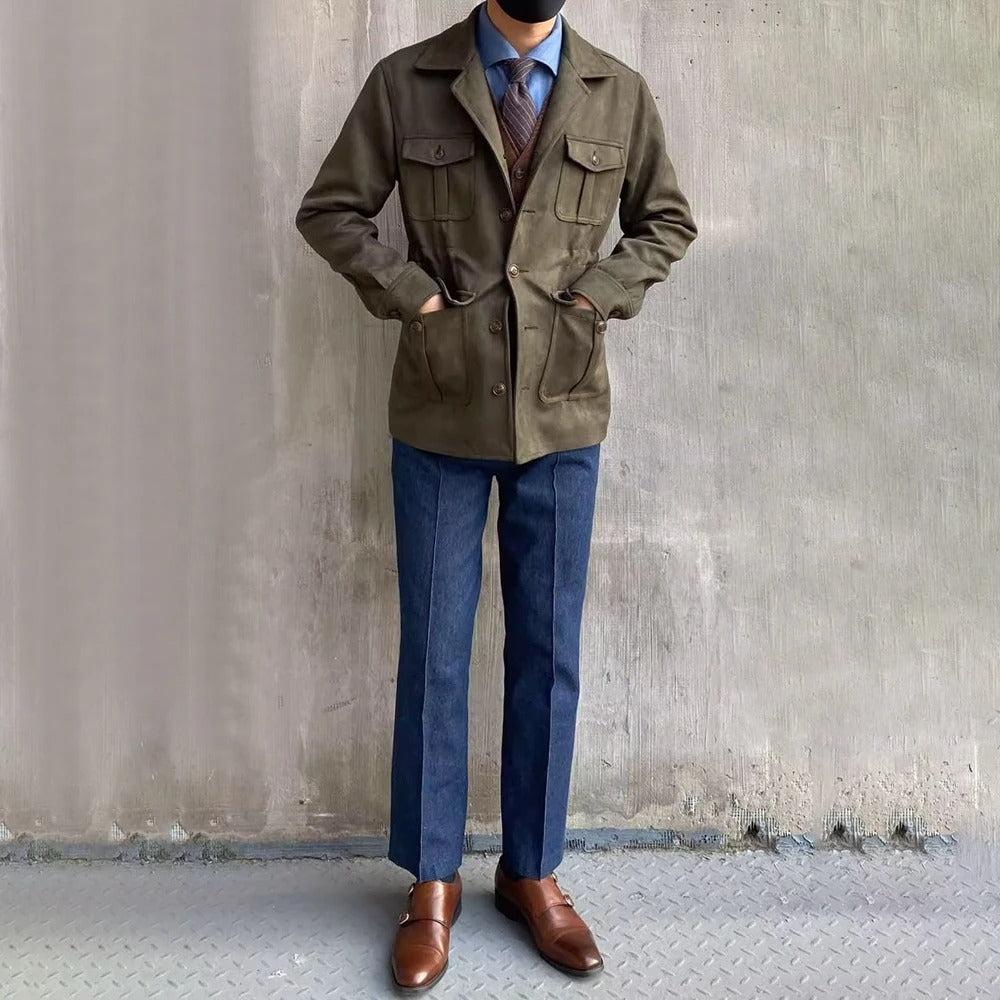 Mens Hunting Jacket Suede Look Four Pocket
