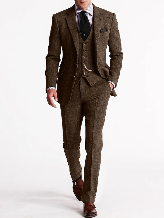 Mens Three-Piece Tweed Suit Classic Tailored Fit