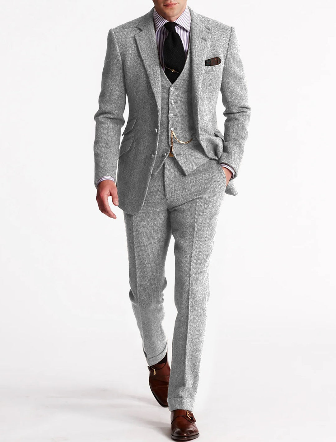 Mens Three-Piece Tweed Suit Classic Tailored Fit