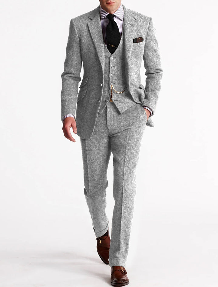 Mens Three-Piece Tweed Suit Classic Tailored Fit