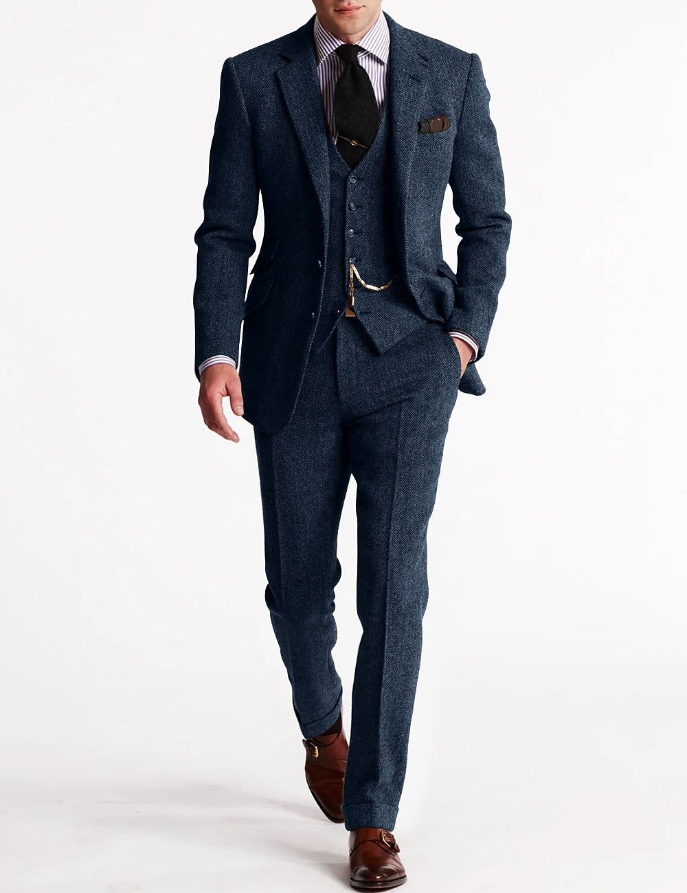 Mens Three-Piece Tweed Suit Classic Tailored Fit