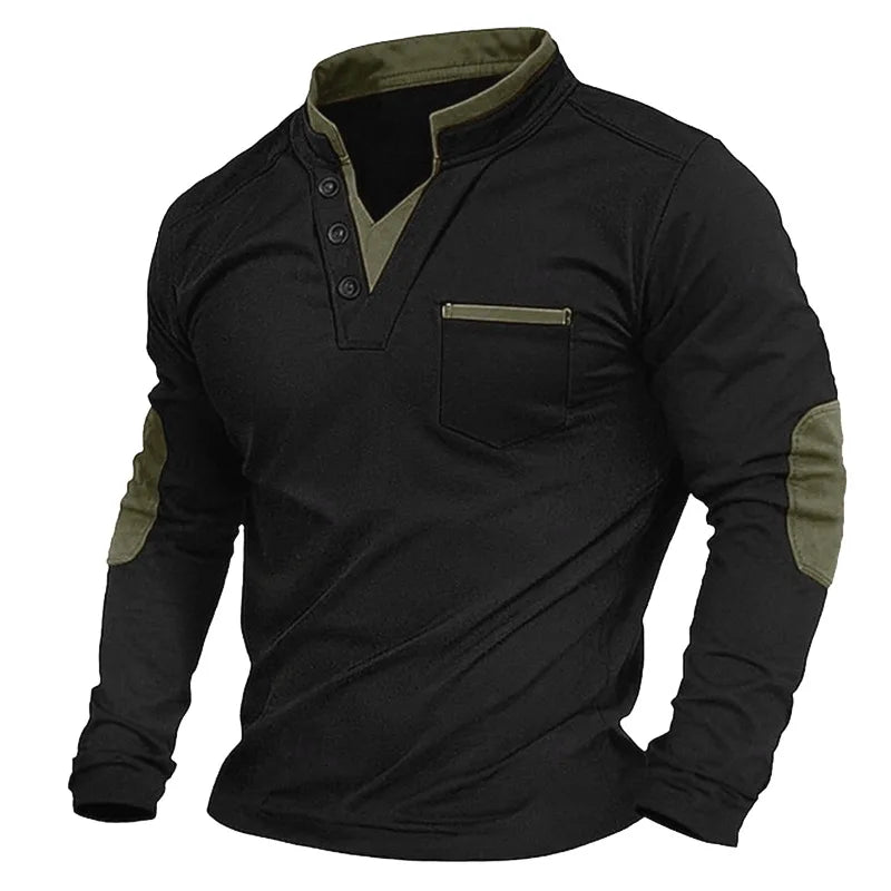 Mens Shirt Stand Collar V-Neck with Pocket