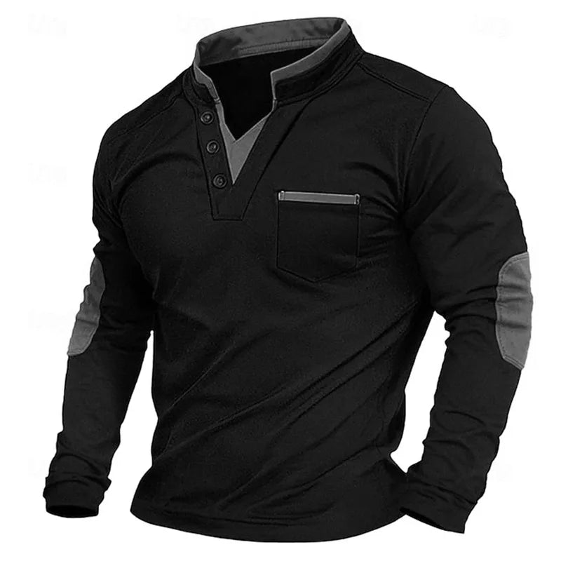Mens Shirt Stand Collar V-Neck with Pocket