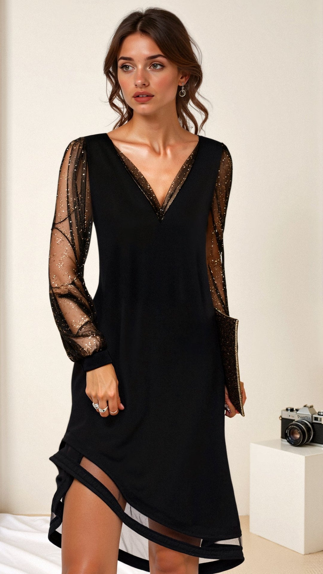 Womens Lace V-Neck Dress with Shimmer Sleeve Detail