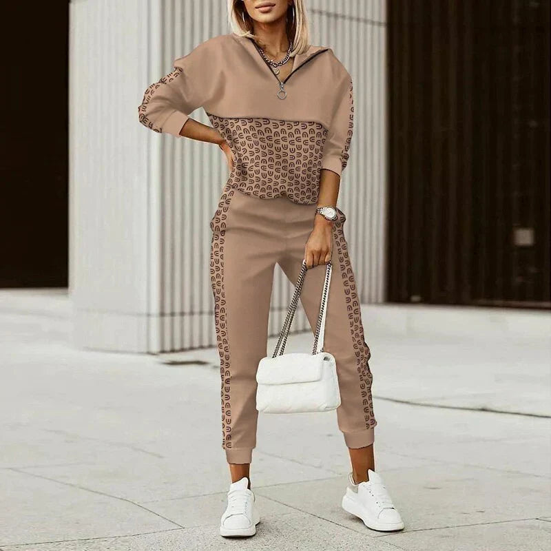 Womens Sweatshirt and Jogger Trousers Set Zip-Neck Relaxed Fit - BritishMode