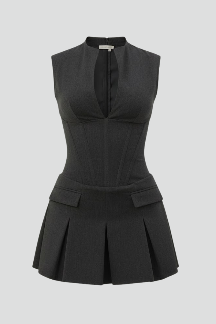Womens Mini Dress with Pleated Skirt and Plunge Neckline - BritishMode