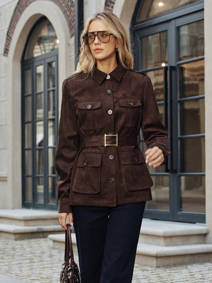 Mens Suede Trench Coat Belted Multiple Pockets