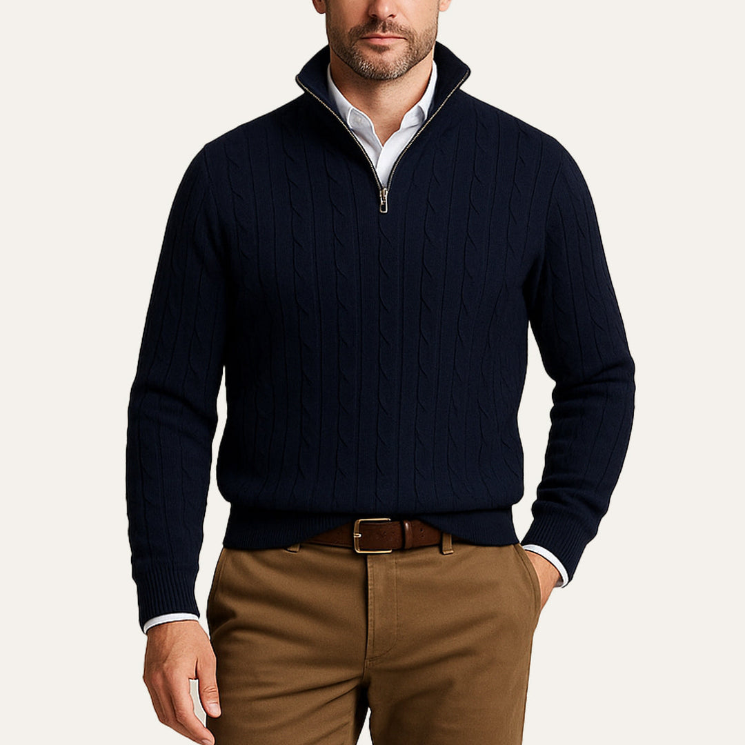 Mens Cable Knit Pullover Quarter Zip Wool Blend - BritishMode