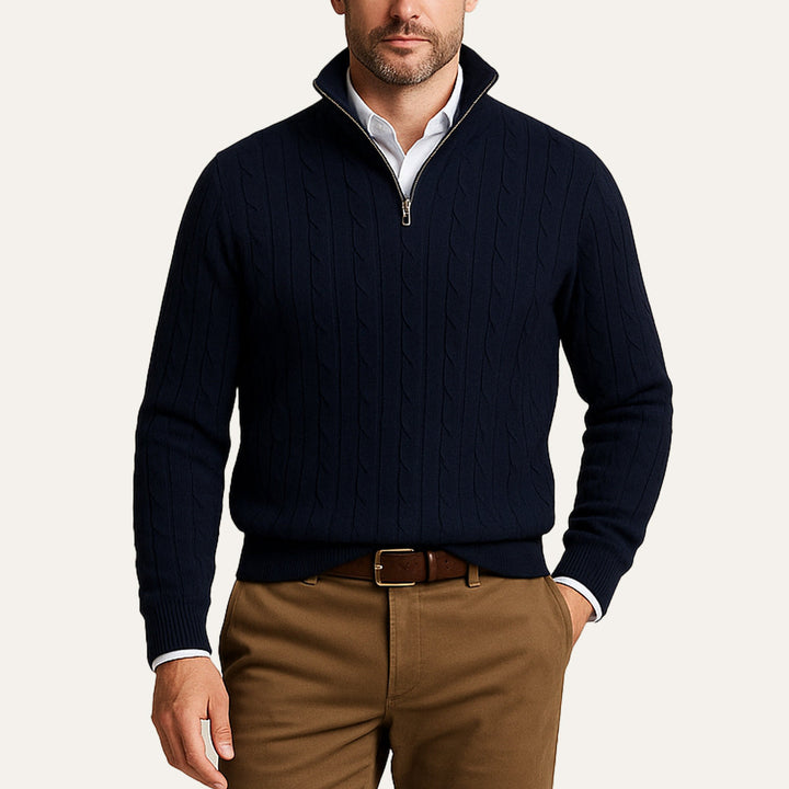 Mens Cable Knit Pullover Quarter Zip Wool Blend - BritishMode